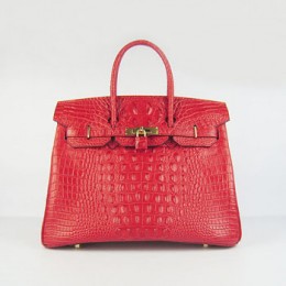 Hermes Birkin 35Cm Crocodile Head Stripe Handbags Red Gold